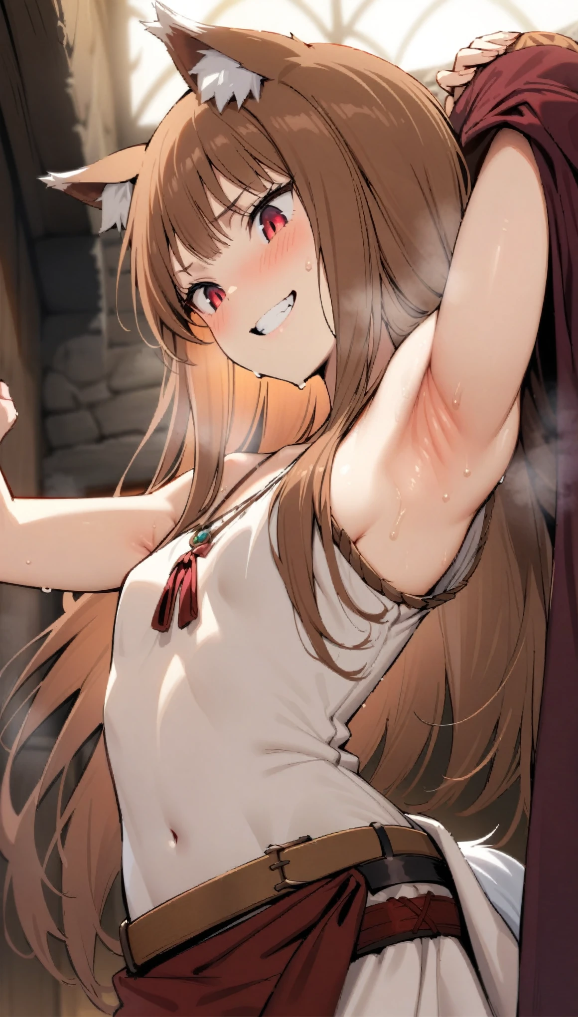 (masterpiece:1.2), hyper detail, best quality, (intricate_details:1.1), beautiful detailed, beautiful hair, solo,1girl, holo, /(spice and wolf/), wolf girl, detailed beautiful face and eyes, detailed red eyes, deep crimson eyes, detailed brown hair, intricate hair, long hair, animal ears, wolf ears,slim body, glowing eyes, small breasts, slender, slim,smiling with teeth, happy, medieval clothes,white short sleeves dress, red fabric belt, woven belt, ring accessory, The Promise of the Wise Wolf, Simple necklace, fabric ribbon,robe_cape,robe half off shoulder,shoulder,upper body,hand holding coat, sweating,heavy breathing,steam,blush,open robe,greasy shoulder,from below,looking down,hand up,armpit,greasy armpit,from side, shoulder focusblurry_background,sweating,greasy shoulder,from below,looking side,flipped hair,armpit,greasy armpit,from side, shoulder focus,((armpit focus)),bare shoulder,upper body,five fingers,(sideboobs),five fingers,((greasy armpit)),((smooth armpit)),((Pupil details)),backlighting,((Stretch oneself)),((hand on chest)),((five fingers)),((Detailed armpit)),((elastic armpit)),((soft armpit)),pov,(sideboobs)