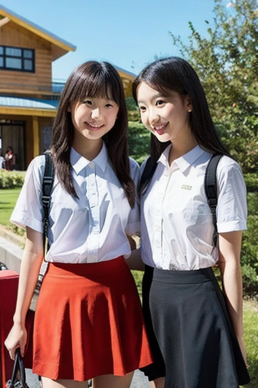 2 girls.Sisters.((Looking at the camera)).Show your underwear.Wearing a skirt.School trip