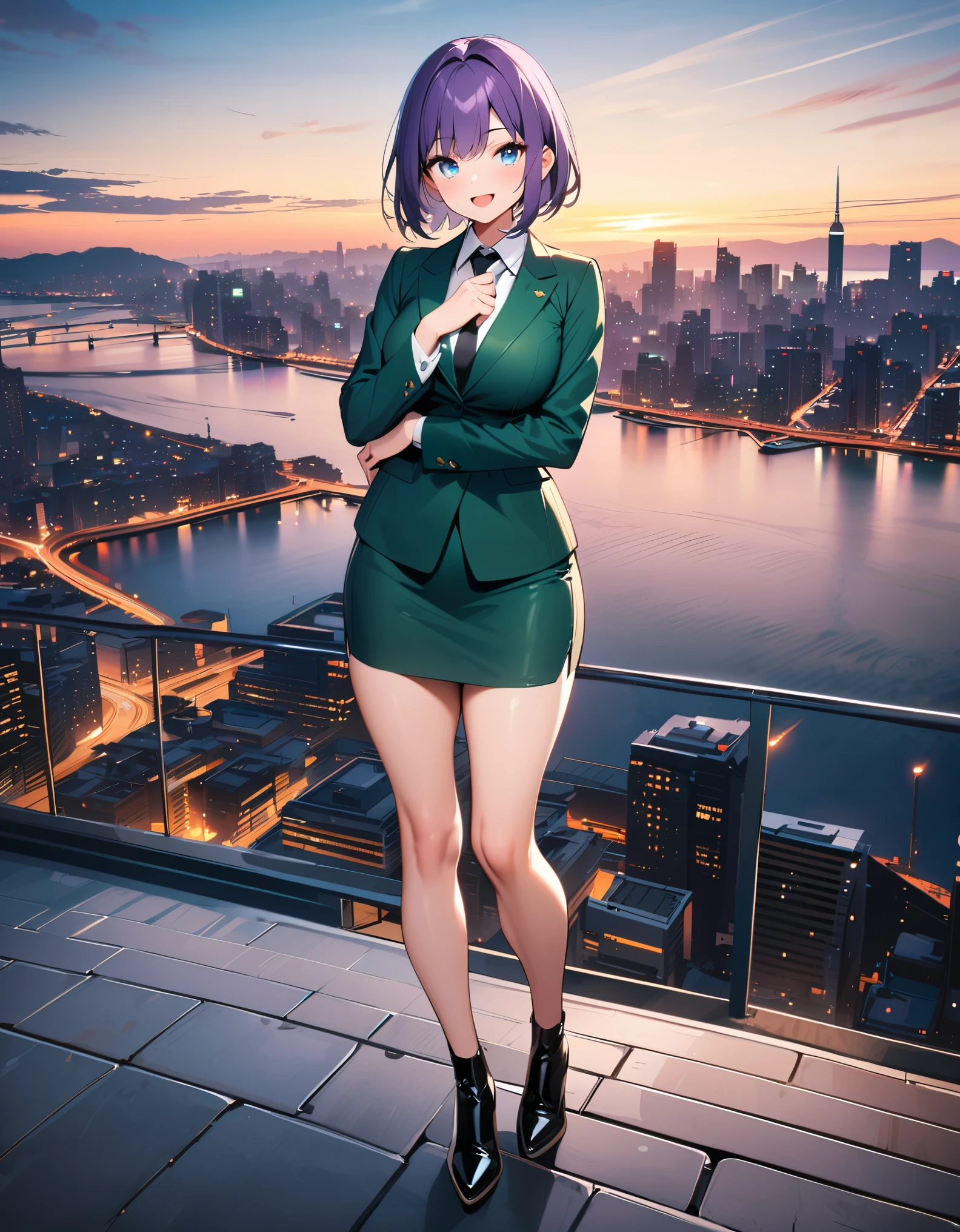 masterpiece, best quality, highres, 1girl, solo, green suit and tie, pencil skirt, miniskirt, bare legs, matching shoes, looking at viewer, city backdrop, perfect hands, perfect eyes, perfect legs, perfect arms, perfect fingers, medium breasts, standing, purple hair, short hair, bob hair, blue eyes, standing, smile, full body with costume, :d