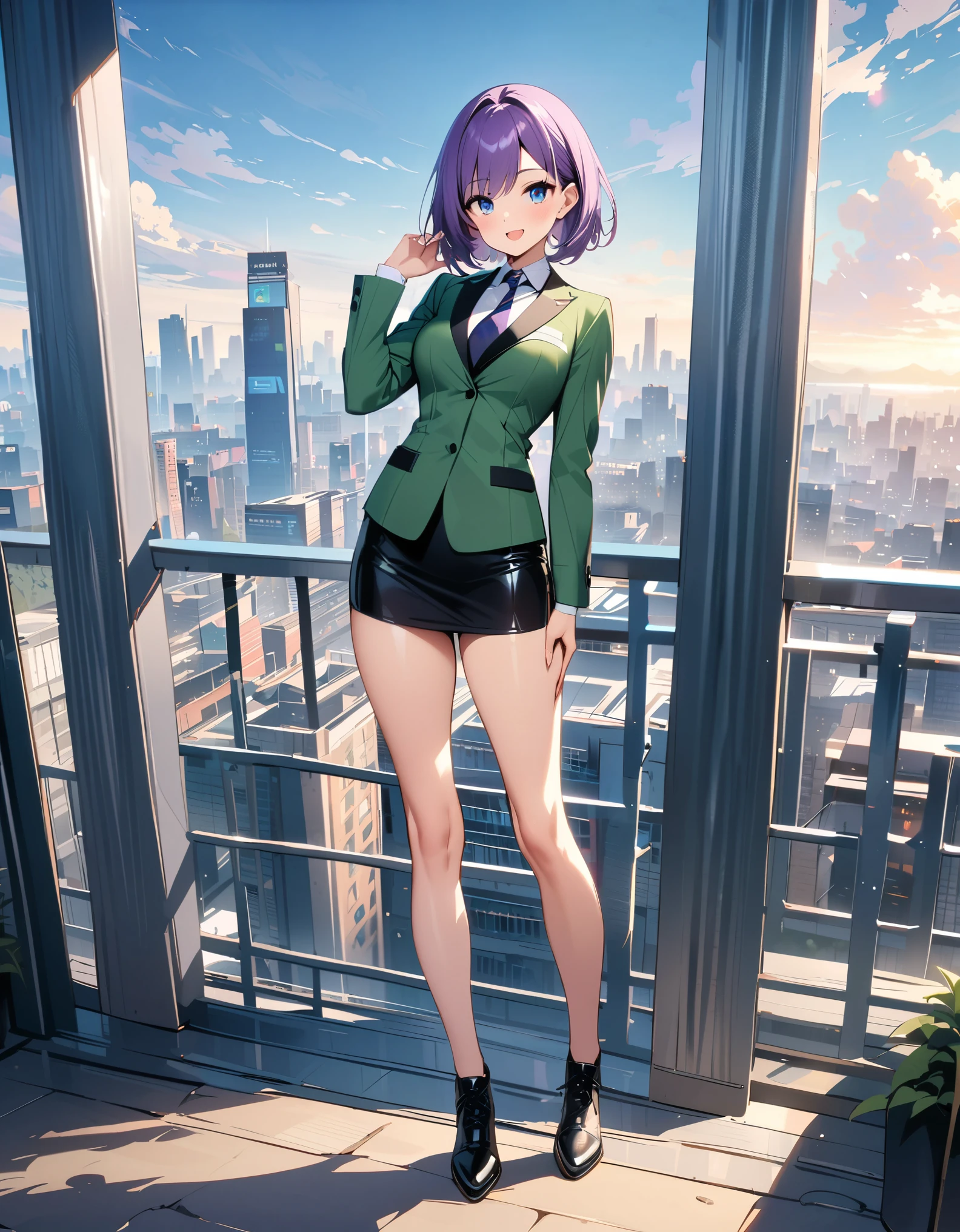 masterpiece, best quality, highres, 1girl, solo, green suit and tie, pencil skirt, miniskirt, bare legs, matching shoes, looking at viewer, city backdrop, perfect hands, perfect eyes, perfect legs, perfect arms, perfect fingers, medium breasts, standing, purple hair, short hair, bob hair, blue eyes, standing, smile, full body with costume, :d