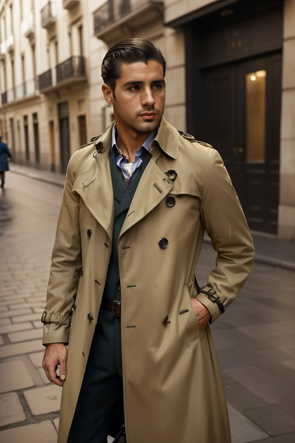 Madrid, 1940. A young ((((34-year-old)) Ignacio)), suspicious, looking down, ((((clothings from the 1940s, trench coat)))), ((hairstyle of the 1940s)), ((colorful))