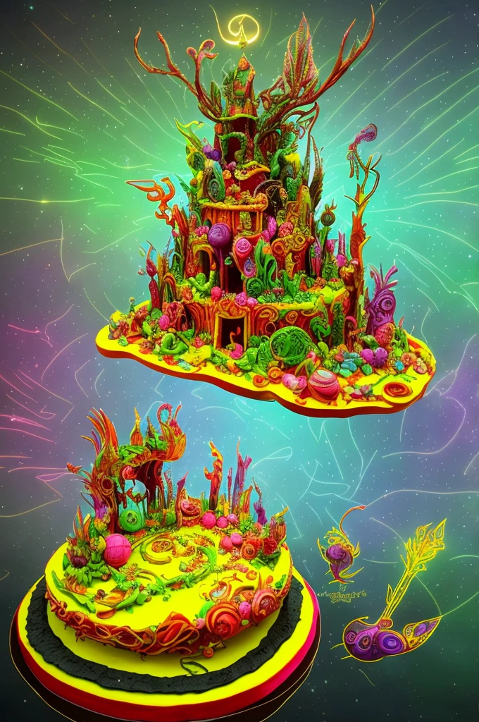 In a surreal fairy landscape, a cake is the central subject illuminated by the warm glow of the sun. The cake is colorful and has intricate details, featuring bizarre and funny elements. It is made of futuristic materials and has a cybernetic theme, combining both organic and mechanized components. The cake is surrounded by a surreal atmosphere, with a gritty and atmospheric feel. The landscape is filled with strange and surreal elements, creating a surreal and dreamlike scene. The colors of the cake are vibrant and vivid, contrasting with the moody and stylized background. The lighting is cinematic, creating a dramatic and eerie ambiance. This prompt aims to capture the imagination of the viewers and evoke a sense of wonder and curiosity.