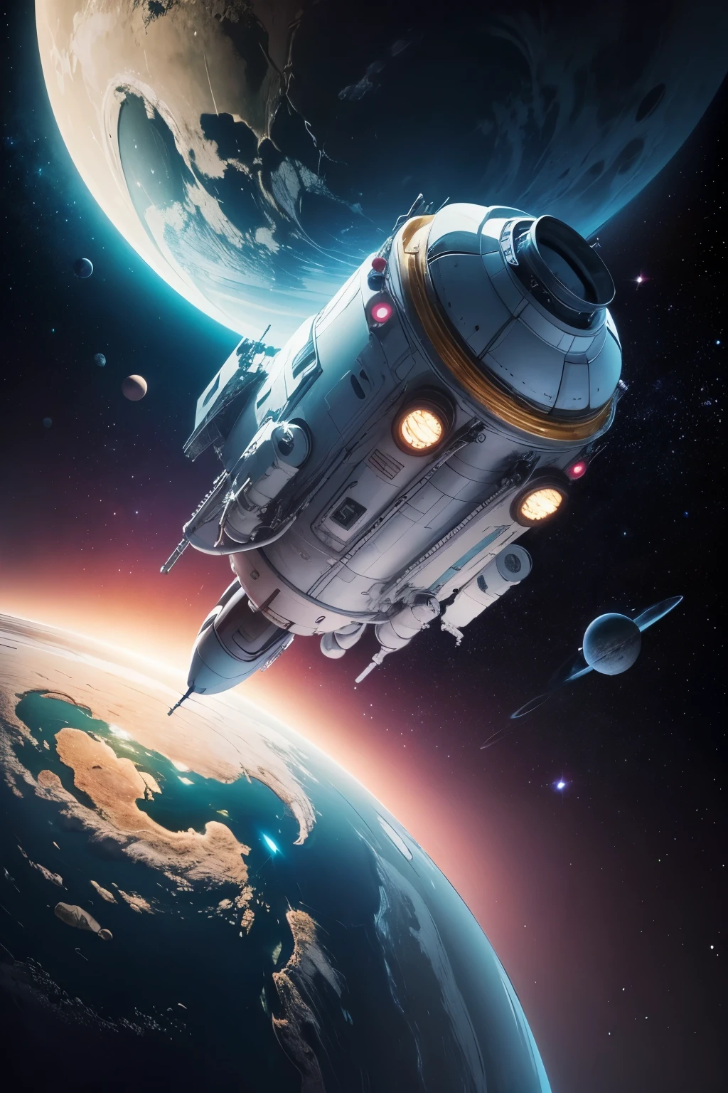 nave espacial, traveling through space filled with alien planets
