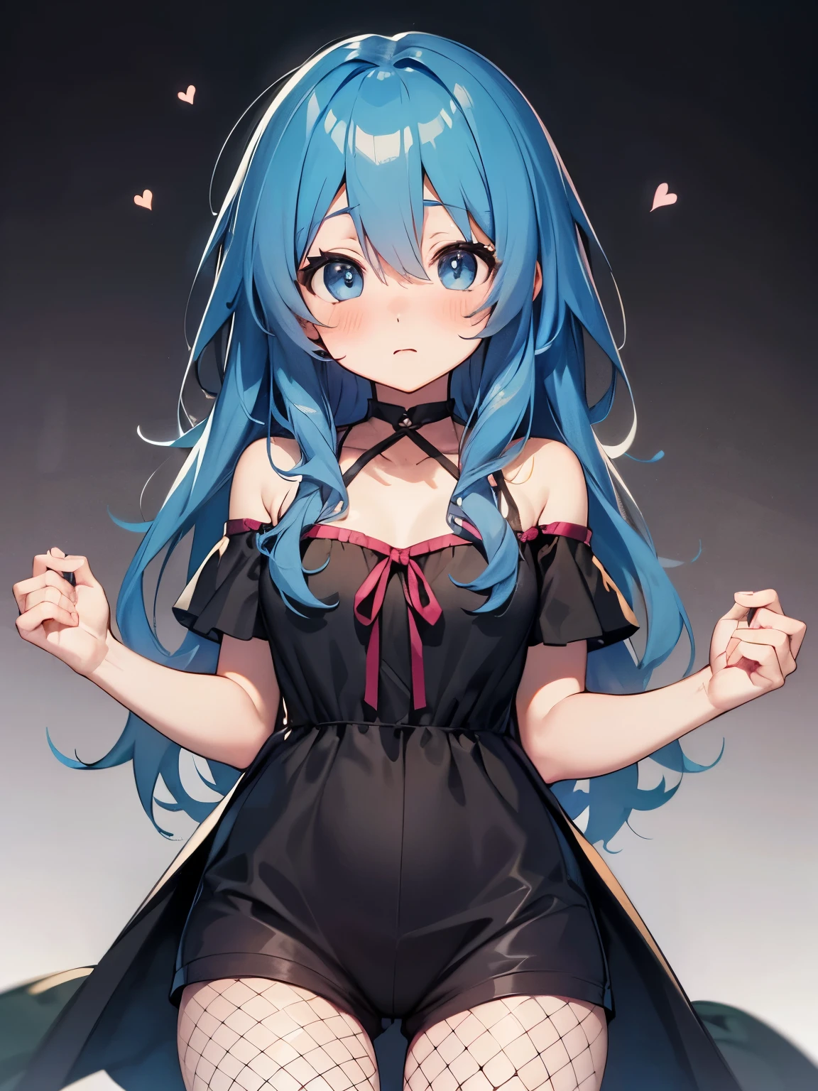 Yoshino Astral Dress、Long Hair、blue eyes、ribbon、Hair between the eyes、Blue Hair,cropped,Off the shoulder,Shorts,Fishnet tights,(Perfect hands),(Perfect Anatomy),(masterpiece),(highest quality),Embarrassed,blush