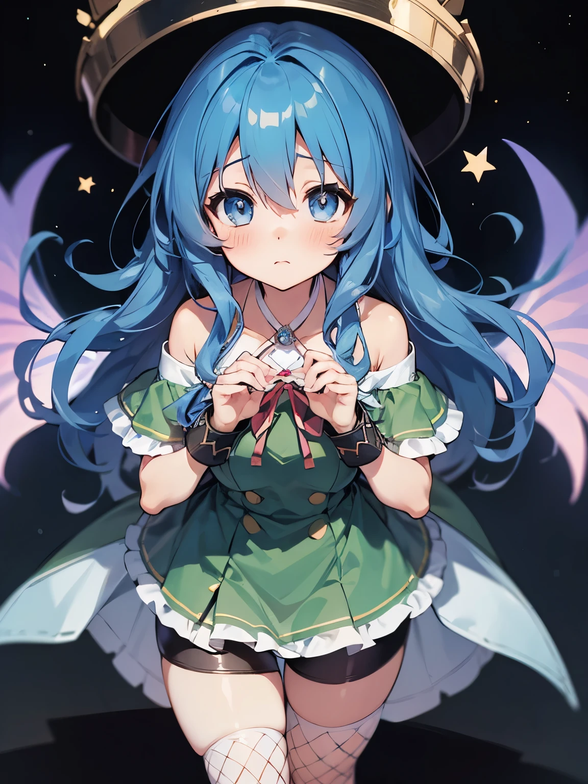 Yoshino Astral Dress、Long Hair、blue eyes、ribbon、Hair between the eyes、Blue Hair,cropped,Off the shoulder,Shorts,Fishnet tights,(Perfect hands),(Perfect Anatomy),(masterpiece),(highest quality),Embarrassed,blush