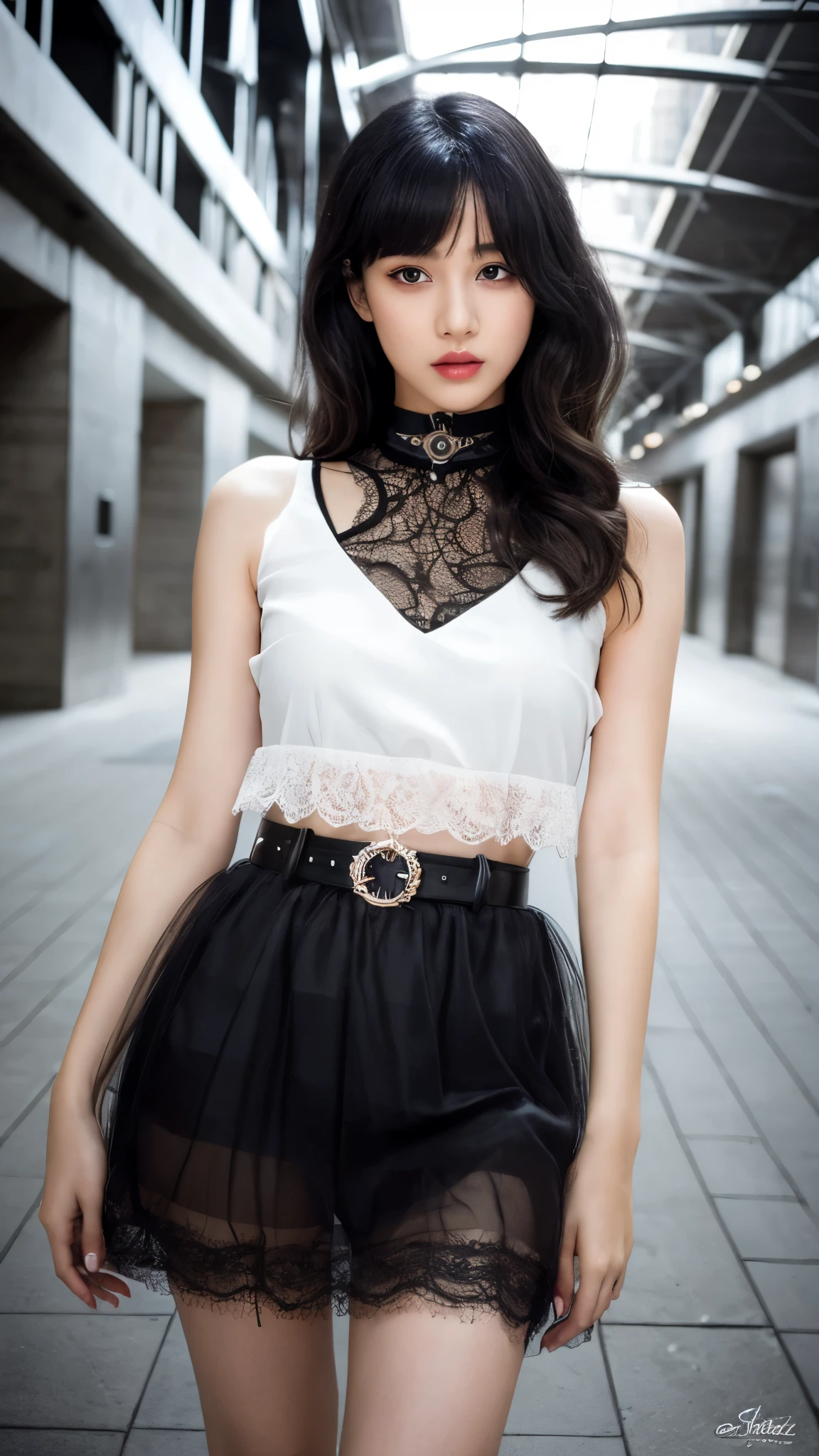 (Ultra-detailed eyes), (((textile shading))), (((Best Quality))), (((masterpiece))), (((Ultra realistic))), 45kg girl, light skin color, sassy girl, street girl, black fluffy hair, Emo Pin up Girl, Nymph Princess Tulle Skirt, Chantilly-lace Strapless Top, futuristic sparkle belt, chocker, futuristic earrings, black and pink outfit colors, Striking a pose, natural make up, skinny fat innocent, in a haunted rail station, heavenly, midshot, centered image, good girl, innocent girl, front look, cinematic movie poster pose, pale skin, cute face