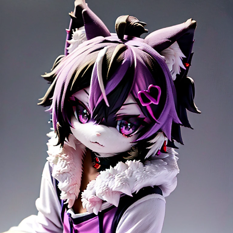 cute kawaii black and purple emo furry. multiple piercings, black face and fur with purple accents, cute purple eyes, hair clips, short fluffy hair, male. black hair. Wearing large hoodie. headshot facing forwards, furry body, NO pink