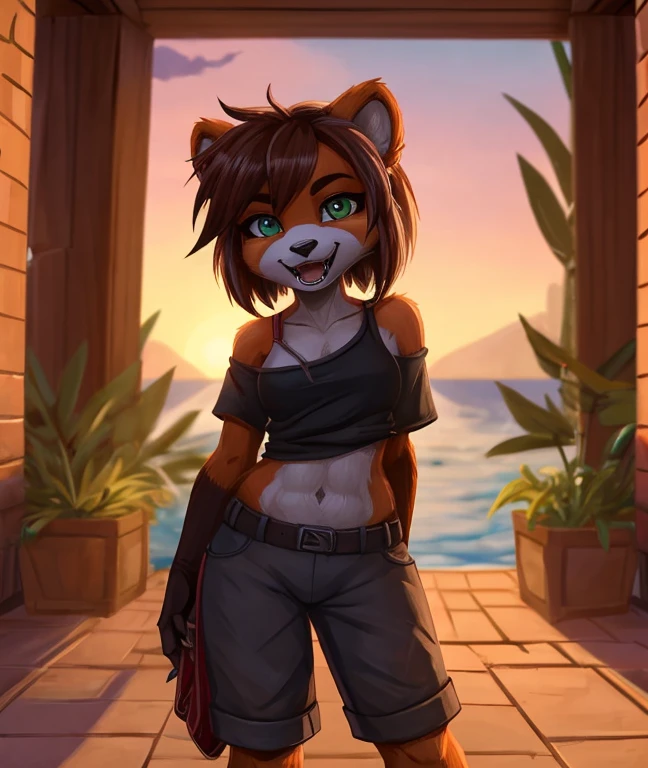 small_animal_ears, small_panda_ears, pandaren, world_of_warcraft, anthropomorphic, short_brown_hair, green_eyes, claws, female, fantasy, long_fluffy_tail, foxtail, open_mouth, 2fangs, original_character, open_paw_pose, red_panda, black_midriff_shirt, vibrand_tattered_shorts, smile, medium_sized_breasts, detailed_cloth, 4fingers, paws, bare_midriff, fangs_in_mouth, vibrant_green_shorts, tattered_shorts, weapon, bow, bow_in_right_hand, quiver, quiver_on_back,