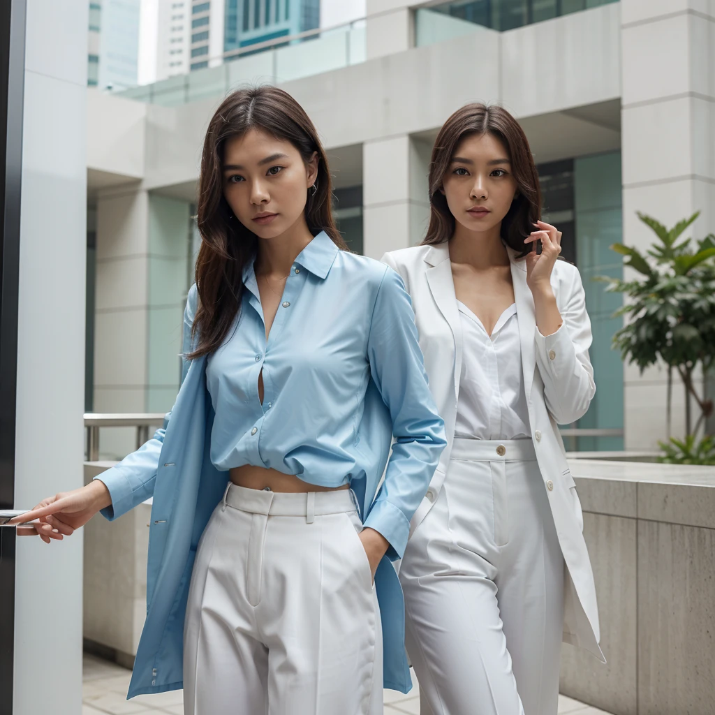 Female supermodel. Singapore Chinese. Pioneer, Singapore. Pastel green doctor coat. White formal shirt. Pastel green trousers. Close-up.