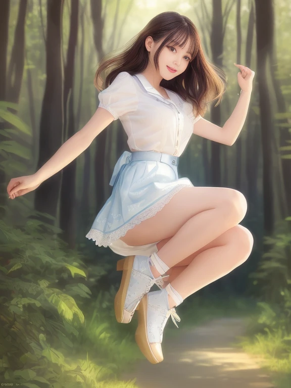 Photo-realistic quality、 A path leading deep into the forest from the front、Jump into the air20Images of old women、Cute and playful poses of idols, Beautiful face with arms and legs, a hyperRealistic , She is dancing. Realistic,Jump pose、looking at the camera、Beautiful Model、Cute Smile、Detailed and beautiful eyes、A soft and gentle look、She is wearing a white top and a mini skirt