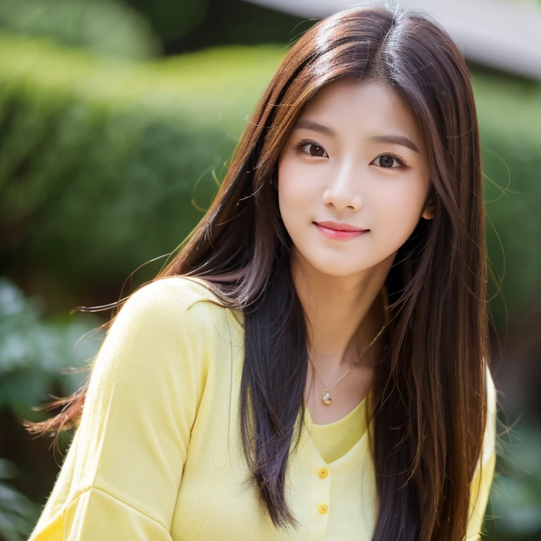 frontal photo Looking straight into the camera,8k quality,, Close-up photo of a cute Korean woman,Chest size 32 inches, His long hair flowed up.,) ponytail, Wear a yellow T-shirt., necklace, Taken with a high quality camera 45,000,000 pixels, realistic light colors,