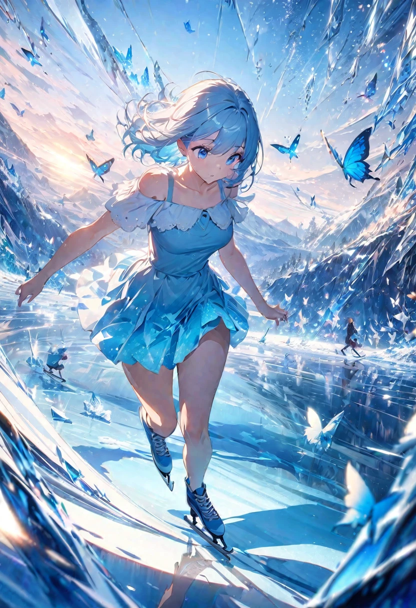 ice skater at morning, anime girl with light blue hair and blue eyes, wearing a short dress and ice skates, skating on ice, gliding on ice, abstract, colors (blue and silver), butterflies, scenic, scenery, masterpiece, best quality, cinematic lighting, reflection, ice, shade, shadows, wallpaper, very detailed, illustration