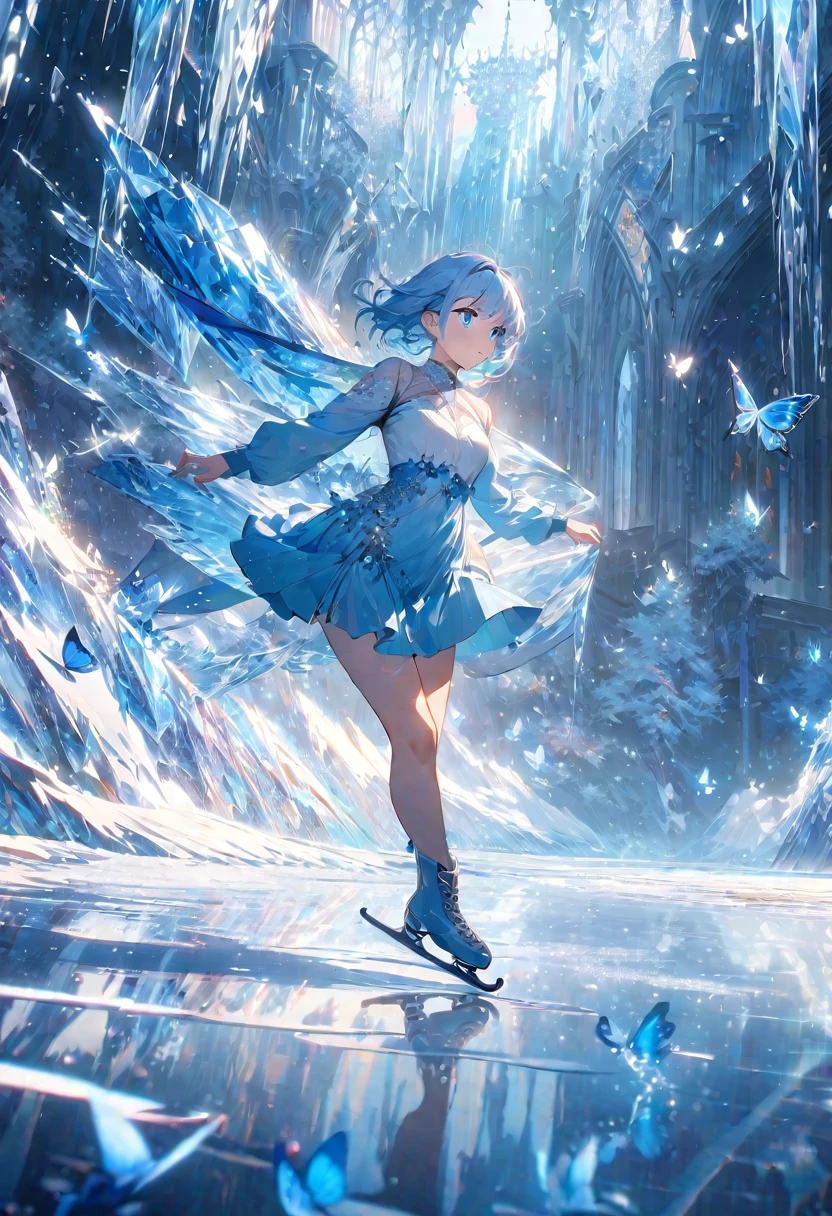 ice skater at morning, anime girl with light blue hair and blue eyes, wearing a short dress and ice skates, skating on ice, gliding on ice, abstract, colors (blue and silver), butterflies, scenic, scenery, masterpiece, best quality, cinematic lighting, reflection, ice, shade, shadows, wallpaper, very detailed, illustration