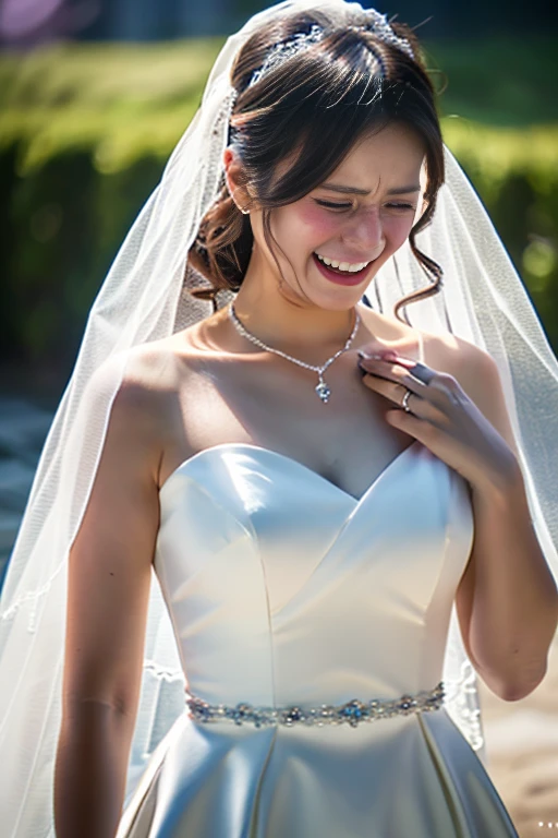 a japanese beautiful woman, 25 years old, , 8k, super detail, best quality, masterpiece, (photorealistic:1.4), (happy crying:1.35), Wedding dress, Veil, (From the chest up:1.5), first-person view