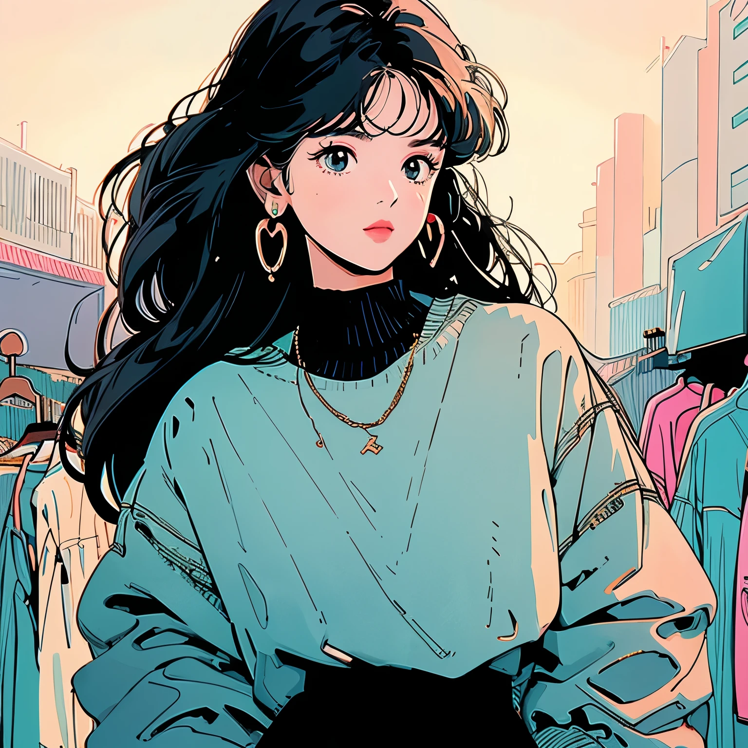 whole body, Upper Body、One beautiful woman, 4k, sweater、skirt, Shopping Street、Complex background、Black Hair、Detailed Hair