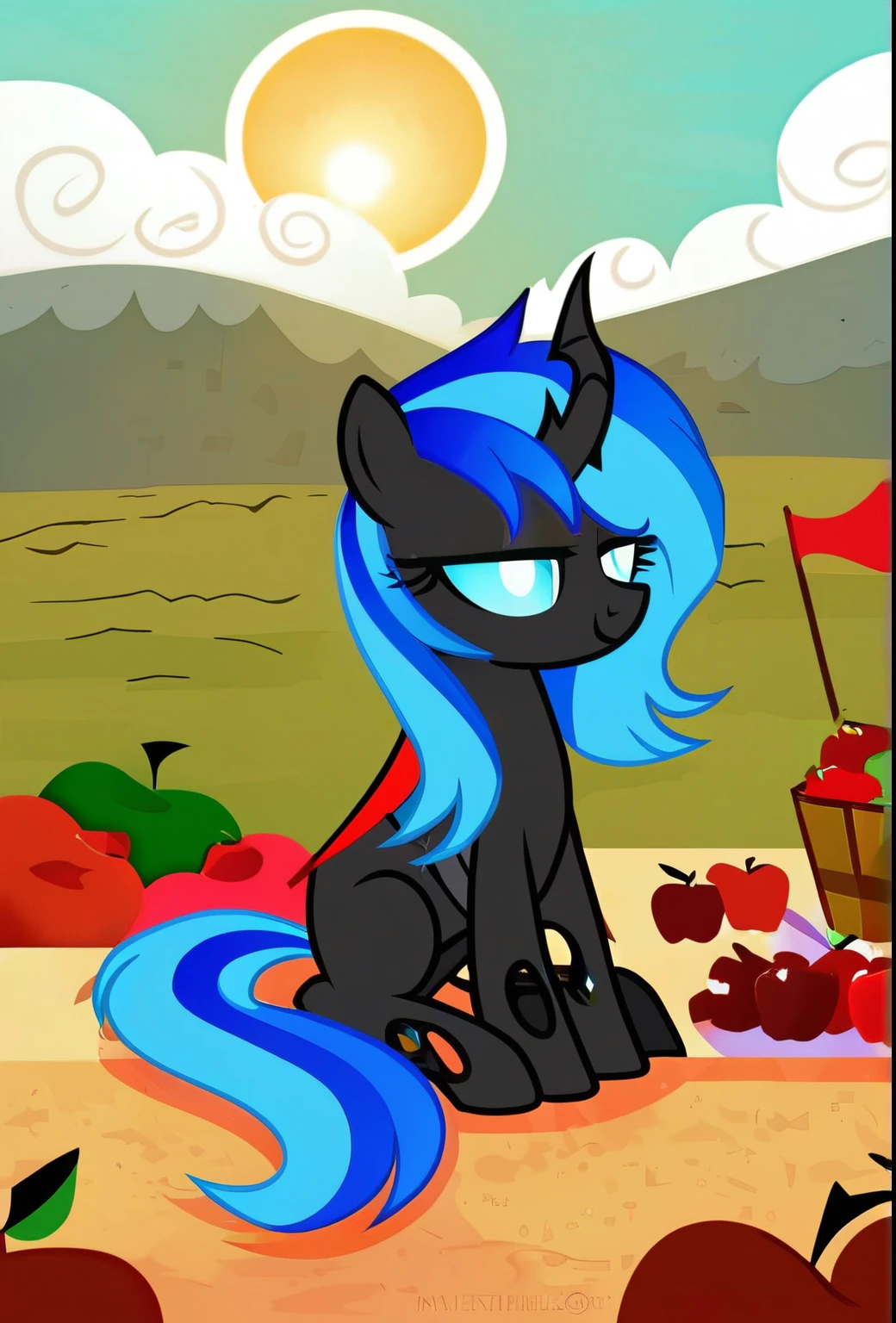 check_9, check_8_up, check_7_up, check_6_up, check_5_up, check_4_up, show exact,Female gender, Pony-Changeling Forester, apples,Sun,Bobs, Moderate sapphire blue mane, black coat color, Light cerulean глаза, No cutie mark,dark fantasy aesthetics, one full length