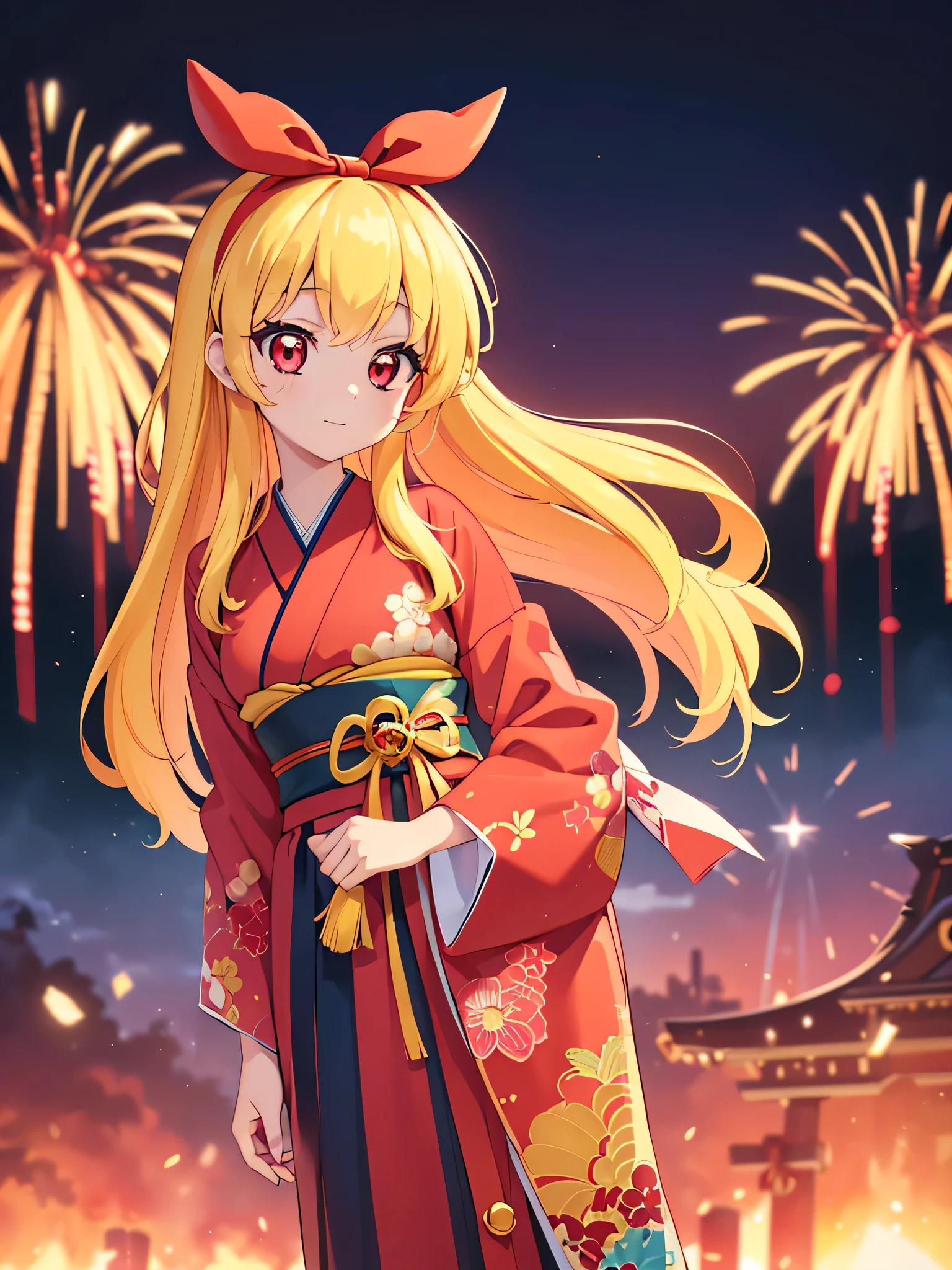 (masterpiece, best quality, highly detailed, ultra detailed, high resolution, absurdres, 4K, 8K:1.2), (official art, incredibly fine illustration, extremely detailed CG, detailed background, cinematic lighting, dynamic angle, perfect hands, detailed shiny skin, detailed hair, detailed eyes)(extremely awesome detailed pretty face,beauty face)(extremely detailed)(Three-dimensional depiction)
BREAK,(RED Ribbon on HAIRband:1.2),aikatsu,hosimiya ichigo,anime girl in kimono standing in front of fireworks, 1girl, fireworks, solo, japanese clothes, Blonde hair, , kimono, RED eyes, looking at viewer
