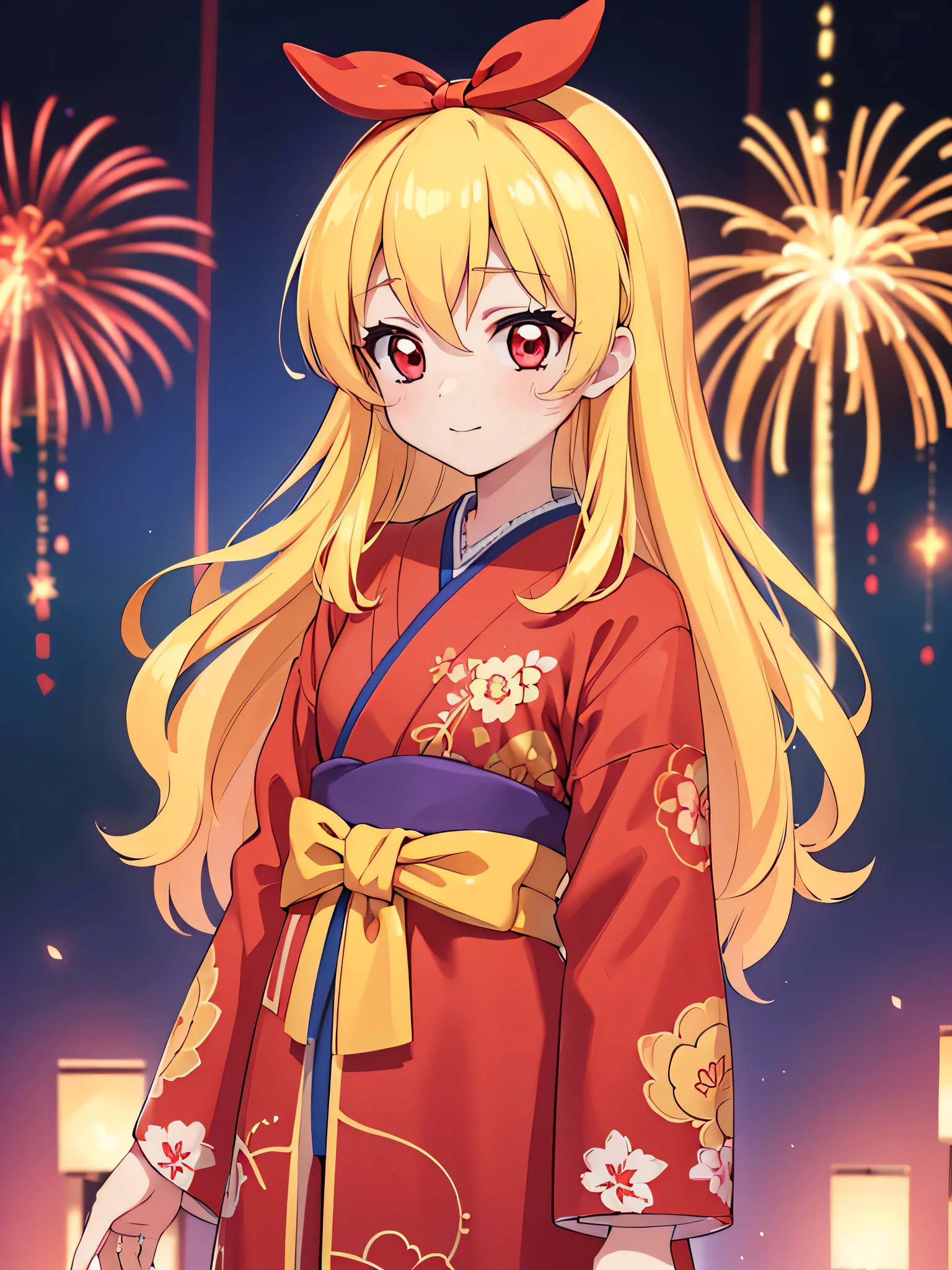 (masterpiece, best quality, highly detailed, ultra detailed, high resolution, absurdres, 4K, 8K:1.2), (official art, incredibly fine illustration, extremely detailed CG, detailed background, cinematic lighting, dynamic angle, perfect hands, detailed shiny skin, detailed hair, detailed eyes)(extremely awesome detailed pretty  face,beauty face)(extremely detailed)(Three-dimensional depiction)
BREAK,(RED Ribbon on HAIRband:1.2),aikatsu,hosimiya ichigo,anime girl in kimono standing in front of fireworks, 1girl, fireworks, solo, japanese clothes, Blonde hair, , kimono, RED eyes, looking at viewer