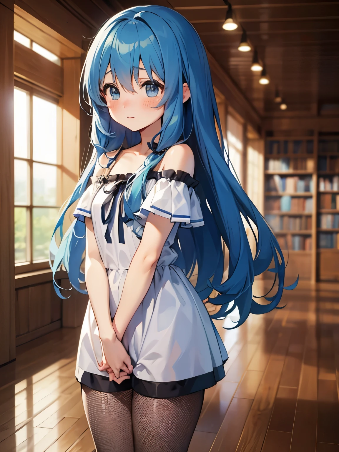 Yoshino Astral Dress、Long Hair、blue eyes、ribbon、Hair between the eyes、Blue Hair,(cropped:1.5),Off the shoulder,Shorts,Fishnet tights,(Perfect hands),(Perfect Anatomy),(masterpiece),(highest quality),Embarrassed,blush,library