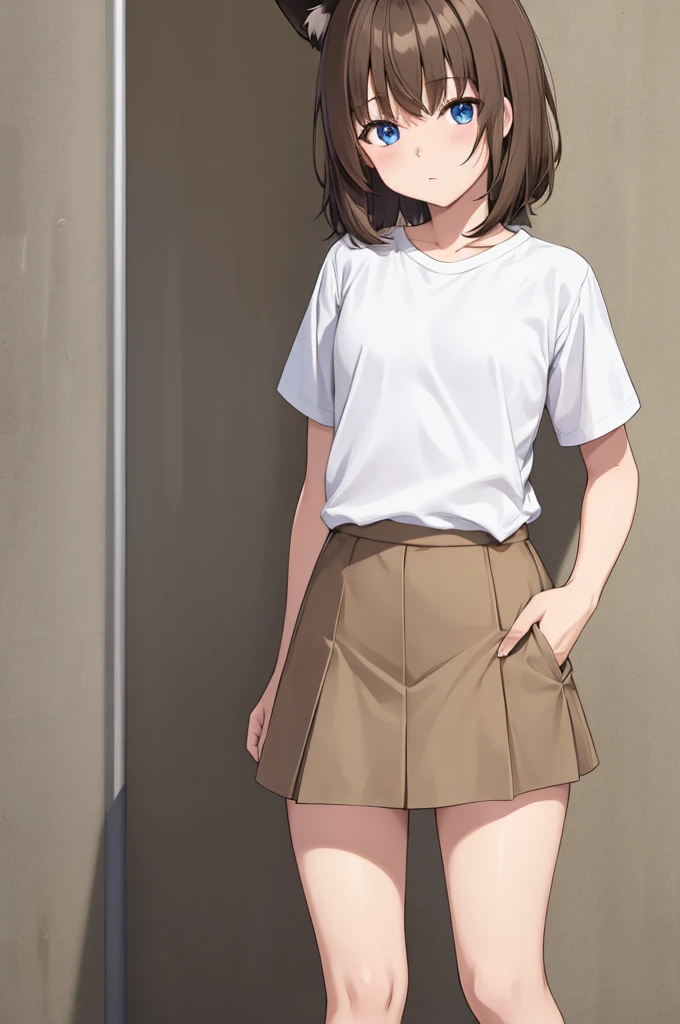 1girl, anime, cute, 14 year old, skirt, knotted plain white t-shirt, short brown hair, blue eyes, city, siting, flirting with camera, knotted shirts, cat ears, ultra sharp, 8k masterpiece, high contrast
