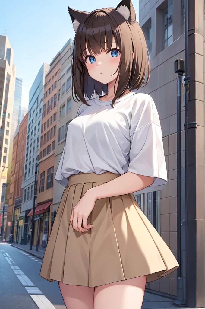 1girl, anime, cute, , skirt, knotted plain white t-shirt, short brown hair, blue eyes, city, siting, flirting with camera, knotted shirts, cat ears, ultra sharp, 8k masterpiece, high contrast
