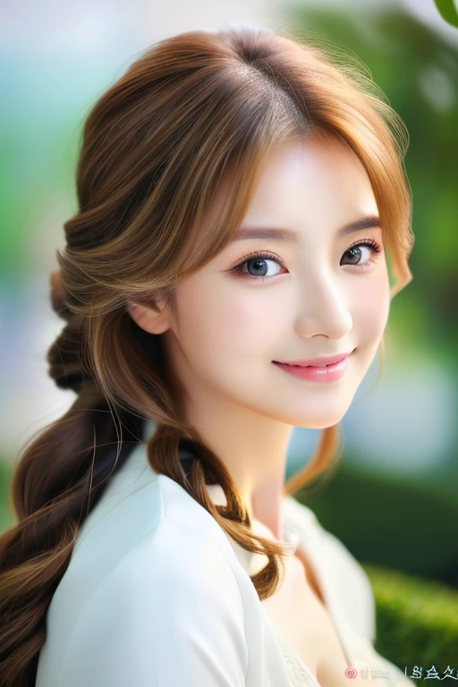 ((highest quality)), ((masterpiece)), (detailed), Head to waist angle、Perfect Face、Perfect body、Light brown hair、Beautiful Skin、A beautiful Russian and Korean woman、(masterpiece:1.3), (8k, Photorealistic, Raw photo, Best image quality: 1.4), (Random Hairstyles:1.2)、Cleavage:1.2、Super detailed face、Attention to detail、double eyelid、Sharp focus:1.2、Beautiful woman:1.4、highest quality、masterpiece、 high resolution、(Photorealistic:1.4)、非常にdetailedでプロフェッショナルな照明の笑顔、thin、Serious expression、A perfect smile、Top view