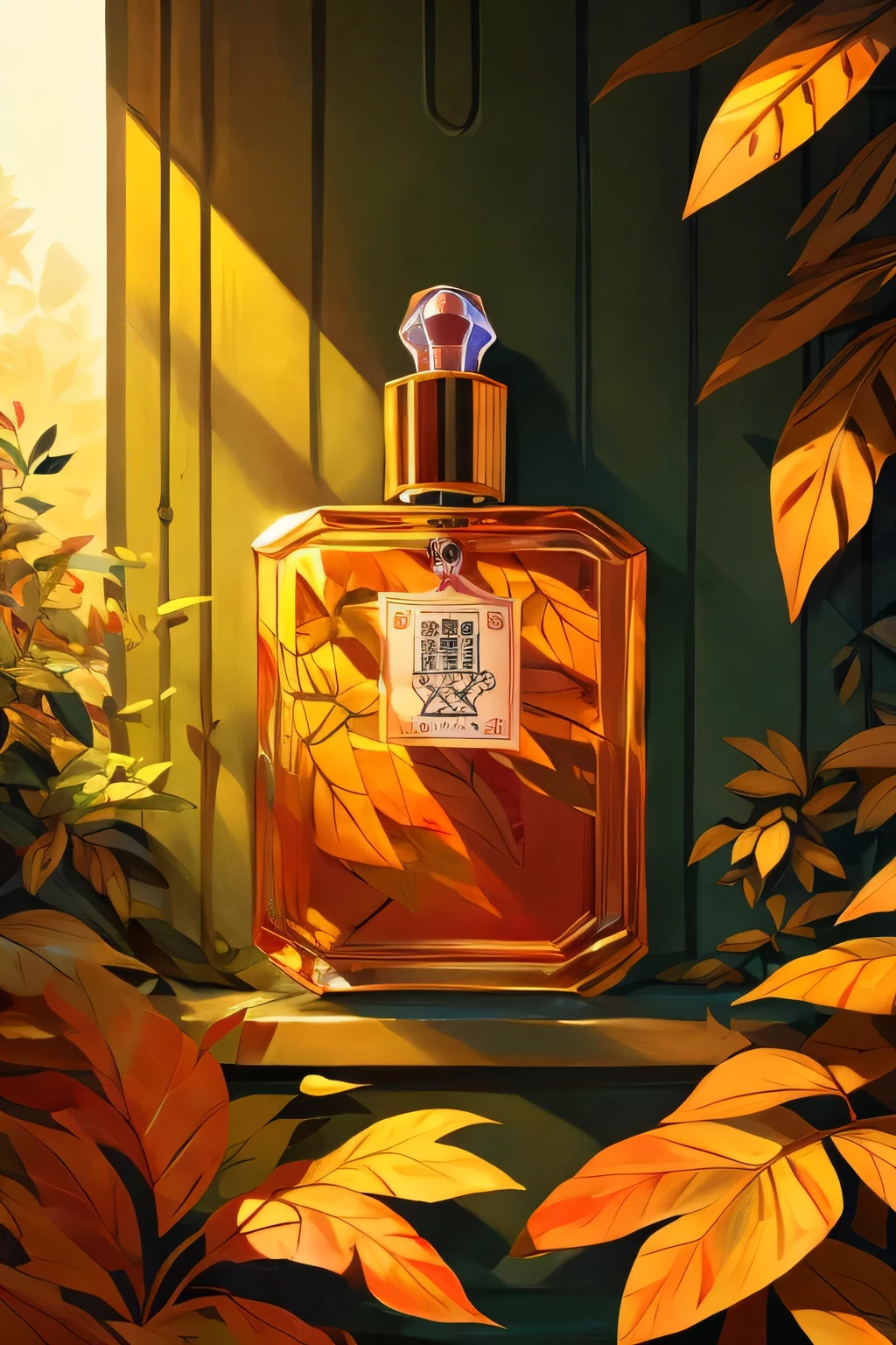 illustration，poster design，perfume，Leaves，orange，plant，Graphic illustration，Fine details，fine，Bright，Imagination，Light and Shadow，Realism