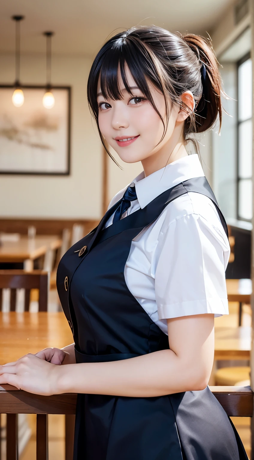 (highest quality,masterpiece:1.3,Ultra-high resolution,),(Very detailed,Caustics),(Photorealistic:1.4,RAW shooting,)Ultra-Realistic Capture,Very detailed,High resolution 16K human skin closeup。 Natural skin texture、,Pores、、、、It must be detailed enough to be easily identifiable。 Skin tone is even and healthy looking。 Use natural light and color,restaurant,Waitress Uniform,1 girl,Japanese,18-year-old,cute,Black-haired,ponytail,Big Breasts,smile,Turn your body forward,(Front view:1.1),Looking at the camera,Cowboy Shot,