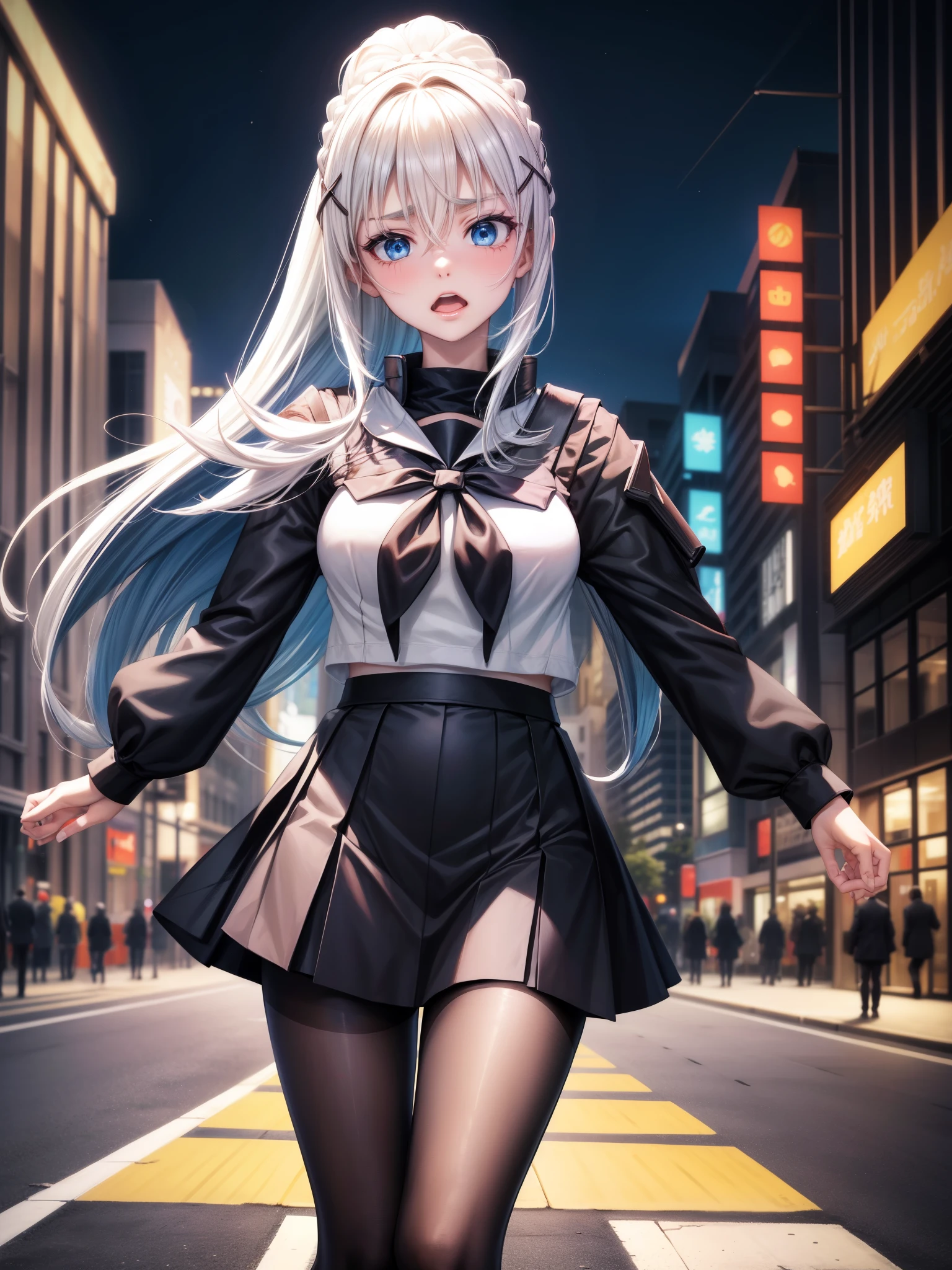 masterpiece、Best Quality、 1 Girl、 solo, cyber punk, 白pantyhose, Sister, Multicolored Hair, Outdoor, null, , wood, blue eyes, Gray Hair, Sailor collar, neckerchief, Unite, Striped Hair, skirt, eyebrows hidden by hair, nightnull, Look at the side, scar, 黒Sailor collar, Medium Hair, 黒skirt, pantyhose, 黒Serafuku, Hair between the eyes, Long Bangs, プリーツskirt, White of the eyes, Open your mouth, Serafuku, Black Hair, night, 顔のscar, pedestrian crossing