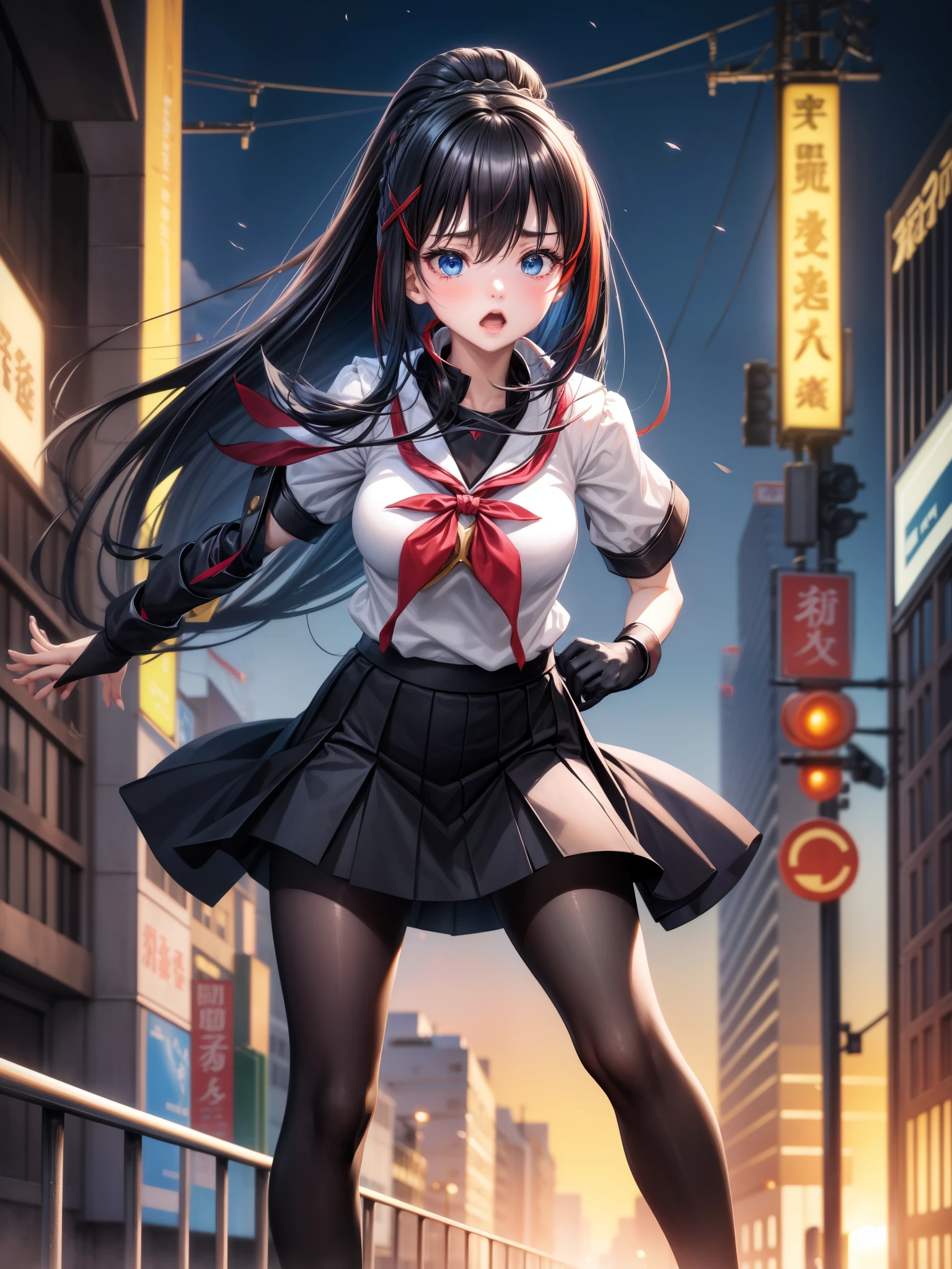 masterpiece、Best Quality、 1 Girl、 solo, cyber punk, 白pantyhose, Sister, Multicolored Hair, Outdoor, null, , wood, blue eyes, Gray Hair, Sailor collar, neckerchief, Unite, Striped Hair, skirt, eyebrows hidden by hair, nightnull, Look at the side, scar, 黒Sailor collar, Medium Hair, 黒skirt, pantyhose, 黒Serafuku, Hair between the eyes, Long Bangs, プリーツskirt, White of the eyes, Open your mouth, Serafuku, Black Hair, night, 顔のscar, pedestrian crossing