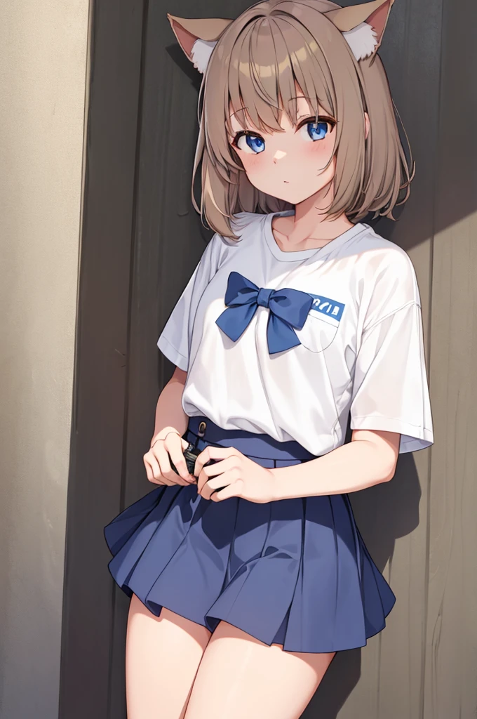 1girl, anime, cute, , skirt, knotted plain white t-shirt, short brown hair, blue eyes, city, siting, flirting with camera, knotted shirts, cat ears, ultra sharp, 8k masterpiece, high contrast