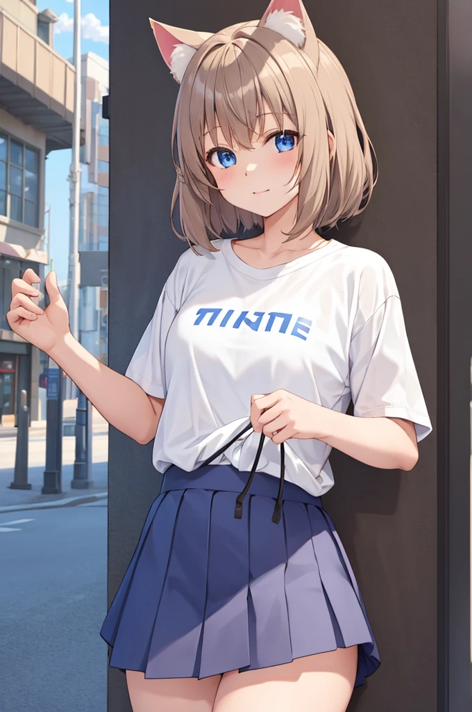 1girl, anime, cute, , skirt, knotted plain white t-shirt, short brown hair, blue eyes, city, siting, flirting with camera, knotted shirts, cat ears, ultra sharp, 8k masterpiece, high contrast