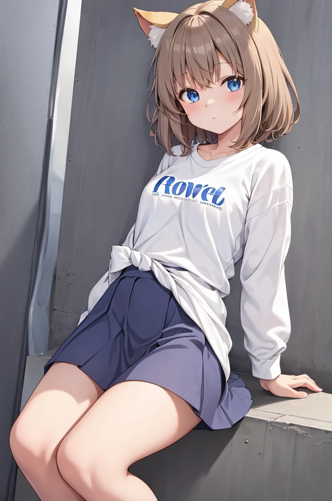 1girl, anime, cute, 14 year old, skirt, knotted plain white t-shirt, short brown hair, blue eyes, city, siting, flirting with camera, knotted shirts, cat ears, ultra sharp, 8k masterpiece, high contrast