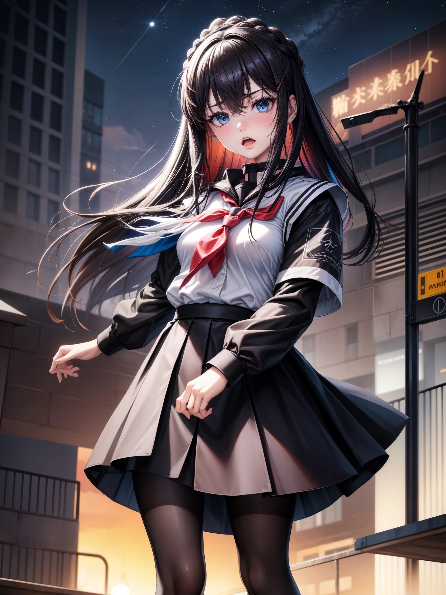 masterpiece、Best Quality、 1 Girl、 solo, cyber punk, 白pantyhose, Sister, Multicolored Hair, Outdoor, null, , wood, blue eyes, Gray Hair, Sailor collar, neckerchief, Unite, Striped Hair, skirt, eyebrows hidden by hair, nightnull, Look at the side, scar, 黒Sailor collar, Medium Hair, 黒skirt, pantyhose, 黒Serafuku, Hair between the eyes, Long Bangs, プリーツskirt, White of the eyes, Open your mouth, Serafuku, Black Hair, night, 顔のscar, pedestrian crossing