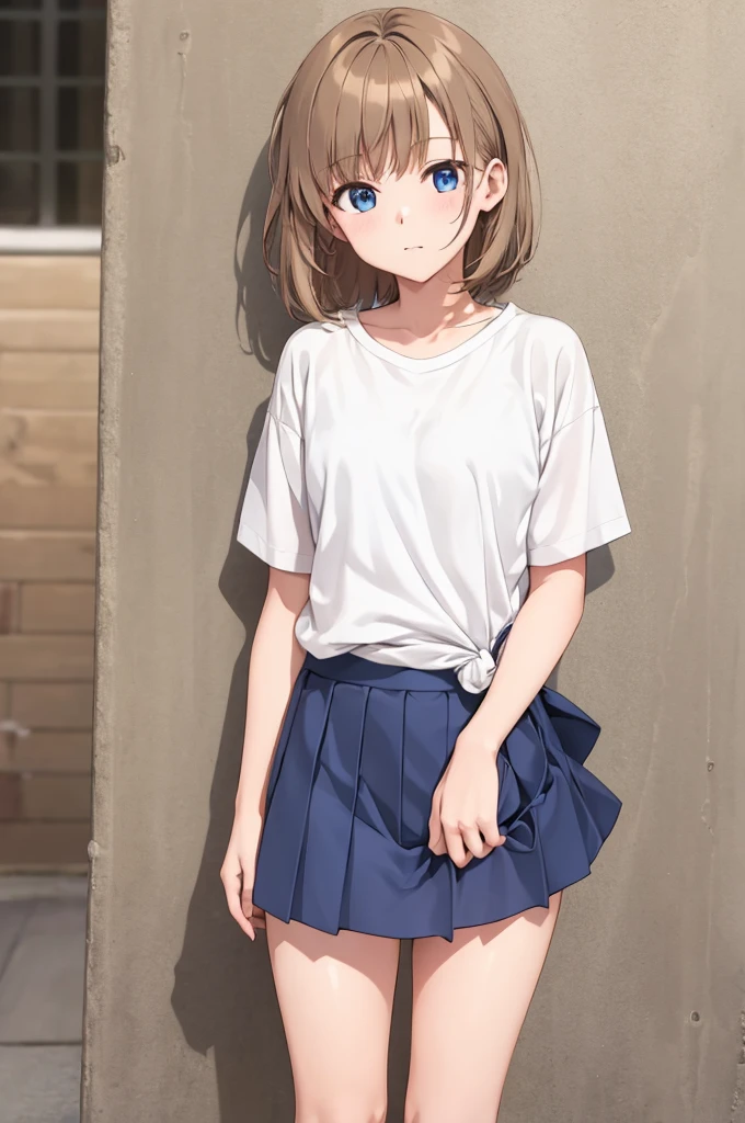 1girl, anime, cute, 14 year old, skirt, knotted plain white t-shirt, short brown hair, blue eyes, city, siting, flirting with camera, knotted shirts,  ultra sharp, 8k masterpiece, high contrast
