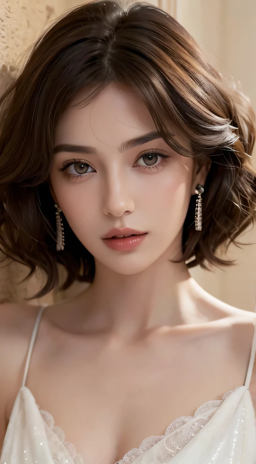 beautiful woman, Italian woman, European, European woman, masterpiece, best quality, Super detailed, (Reality:1.5), in the darkness, Deep Shadows, Low profile, Cold Light, Sexy look, Shining eyes, Delicate face, whole body, Detailed body, Wearing earrings, beautiful eyes, hazel green eyes, Delicate eye shadow, Detailed eyelashes, brown hair, Wispy Bangs Hairstyle, (attractive:1.6), Clear focus, Seductive eyes, (short hair:1.3), (curls:1.2), Off-shoulder dress, (beautiful:1.6)
