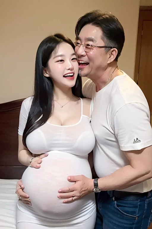 full body, top-quality, masterpiece, (((70 years old korean man and 22 years old bightly smile korean girl couples facing each other))), korean Girl sitting on the bed, (70 years old korean man hugging young girl) , big breasts, girl wear thick grey maxi knit camisole dress, A pregnant girl with a big belly, (big breasts:1.1), in the house, correct hands, (((70 years old korean man wearing white shirt))), (((((old man touching a pregnant young girl's stomach and laughing)))), (((young girl kissing old man))),