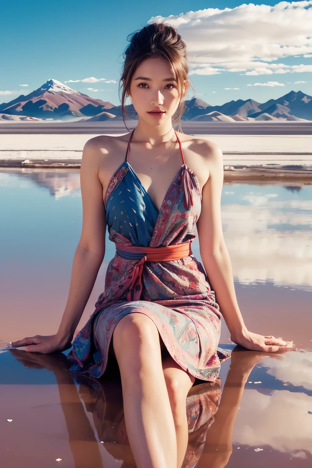 Model and background intact, Beautiful woman sitting in a patterned dress at the Uyuni salt flats, magazine pose, landscape reflected on the ground,  (detailed facial expressions), 