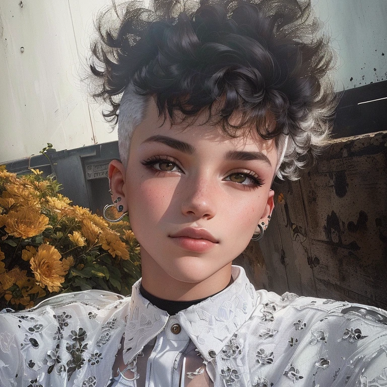 There is a woman with short hair and a white shirt, brincos enormes e maquiagem estranha, androgynous girl portrait, androgynous person, justina blakeney, selfie de uma jovem, androgynous face, piercings e um moicano, cabelo cacheado e curto, foto de retrato 8k, Post-grunge portrait, Beautiful androgynous girl, moto, delivery, motogirl, motoqueira, cg fan 150