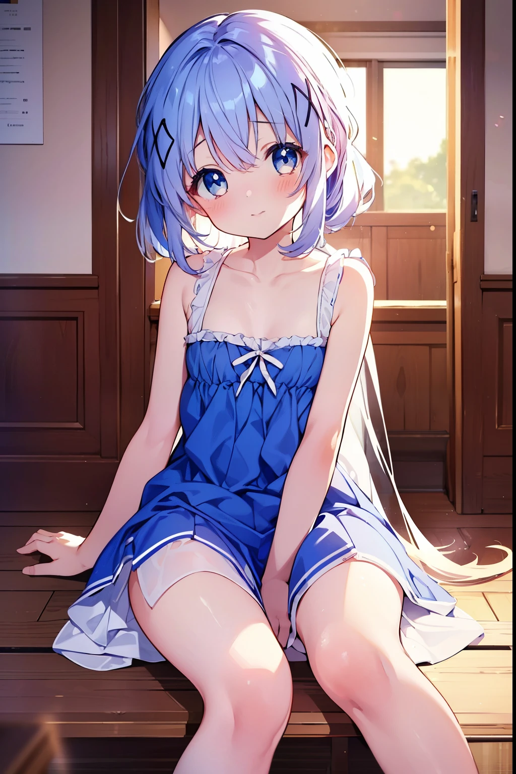 Kafuu Chino、blush,smile、Primary school students、The back is very small、****ta、Small breasts、Please show me your armpits、exterior: ************、Shoulder Bare、The clavicle is visible、Sexy thighs、Beautiful feet、Usual hairstyle、highest quality, High resolution, unity 8k wallpaper, (shape:0.8), (Beautiful and beautiful eyes:1.6), Highly detailed face, Perfect lighting, Extremely detailed CG, (Perfect hands, Perfect Anatomy),