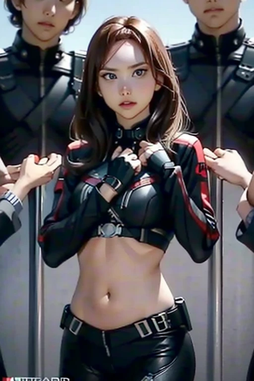 Girl, spy, black widow suit, crop top showing navel, (hands up surrender), ((got capture by some men))