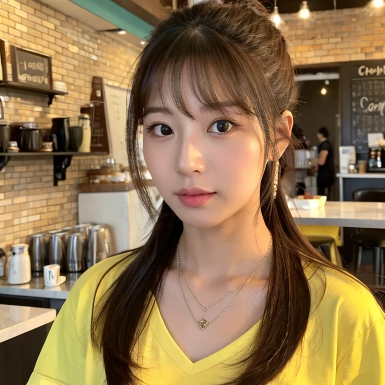 frontal photo Looking straight into the camera,8k quality,, Close-up photo of a cute Korean woman,Chest size 32 inches, His long hair flowed up.,) ponytail, Wear a yellow T-shirt., necklace, Inside the coffee shop,  Taken with a high quality camera 45,000,000 pixels, realistic light colors, 