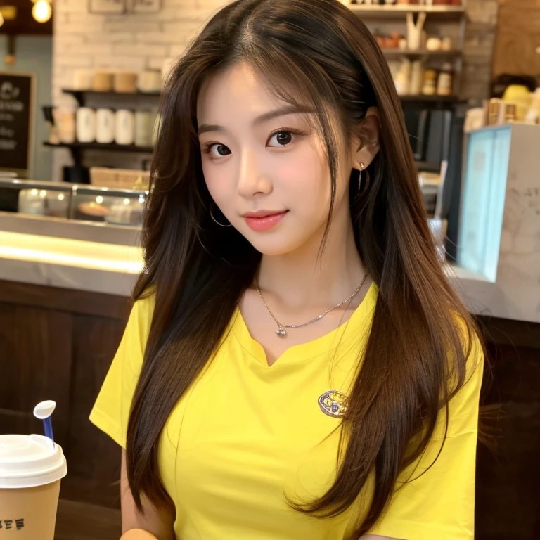 frontal photo Looking straight into the camera,8k quality,, Close-up photo of a cute Korean woman,Chest size 32 inches, His long hair flowed up.,) ponytail, Wear a yellow T-shirt., necklace, Inside the coffee shop, Taken with a high quality camera 45,000,000 pixels, realistic light colors,
