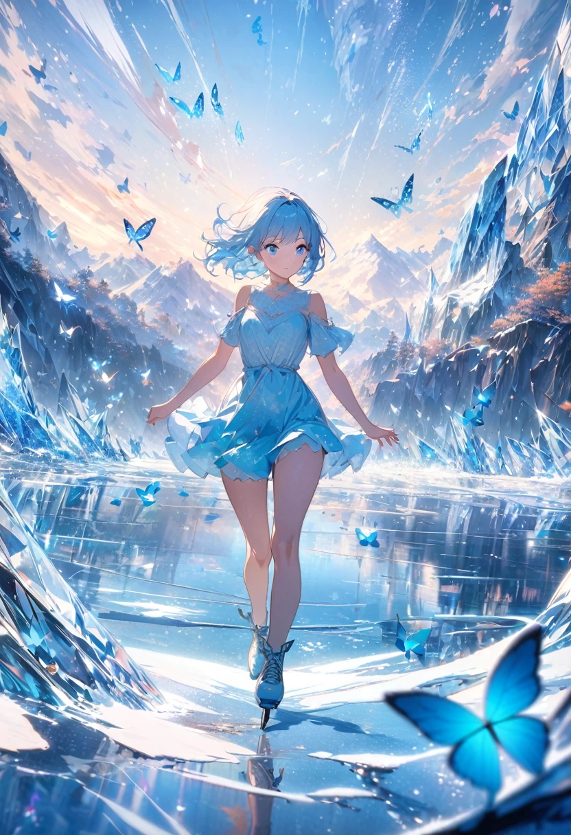 ice skater at daylight, anime girl with light blue hair and blue eyes, in a short dress and ice skates, skating on ice, abstract, colors (blue and silver), butterflies, scenic, scenery, masterpiece, best quality, cinematic lighting, reflection, ice, wallpaper, very detailed, illustration