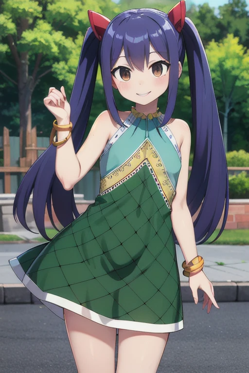 masterpiece, highest quality, High resolution, Arwendy, Long Hair, Twin tails, hair ornaments, Exposing shoulders, Green Dress, Sleeveless dress, Bracelet, bracelet, Outdoor, Are standing, Cowboy Shot, smile,