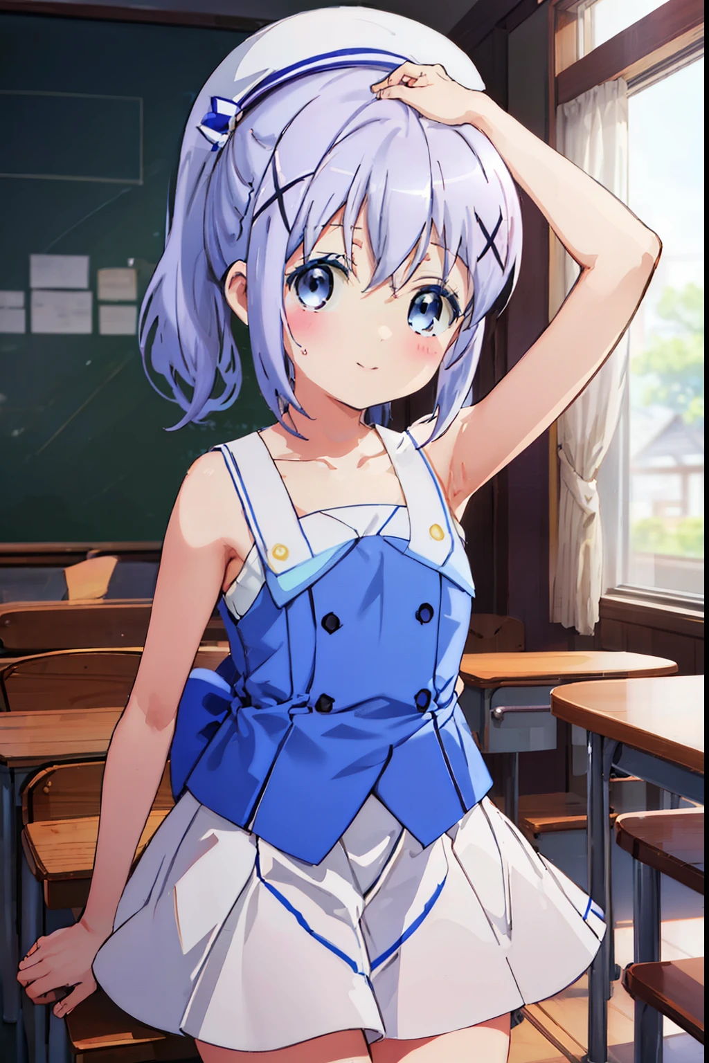 Kafuu Chino、blush,smile、、The back is very small、Lolita、Small breasts、Please show me your armpits、exterior: 14 years old、Shoulder Bicle is visible、Sexy thighs、Beautiful feet、Usual hairstyle、highest quality, High resolution, unity 8k wallpaper, (shape:0.8), (Beautiful and beautiful eyes:1.6), Highly detailed face, Perfect lighting, Extremely detailed CG, (Perfect hands, Perfect Anatomy),