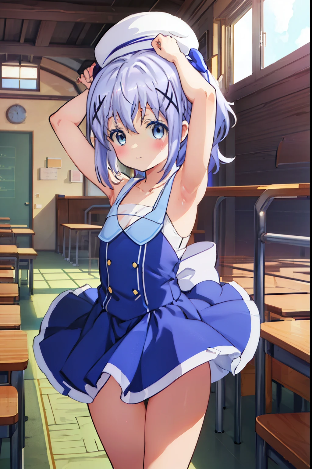 Kafuu Chino、blush,smile、Primary school students、The back is very small、****ta、Small breasts、Please show me your armpits、exterior: ************、Shoulder Bare、The clavicle is visible、Sexy thighs、Beautiful feet、Usual hairstyle、highest quality, High resolution, unity 8k wallpaper, (shape:0.8), (Beautiful and beautiful eyes:1.6), Highly detailed face, Perfect lighting, Extremely detailed CG, (Perfect hands, Perfect Anatomy),