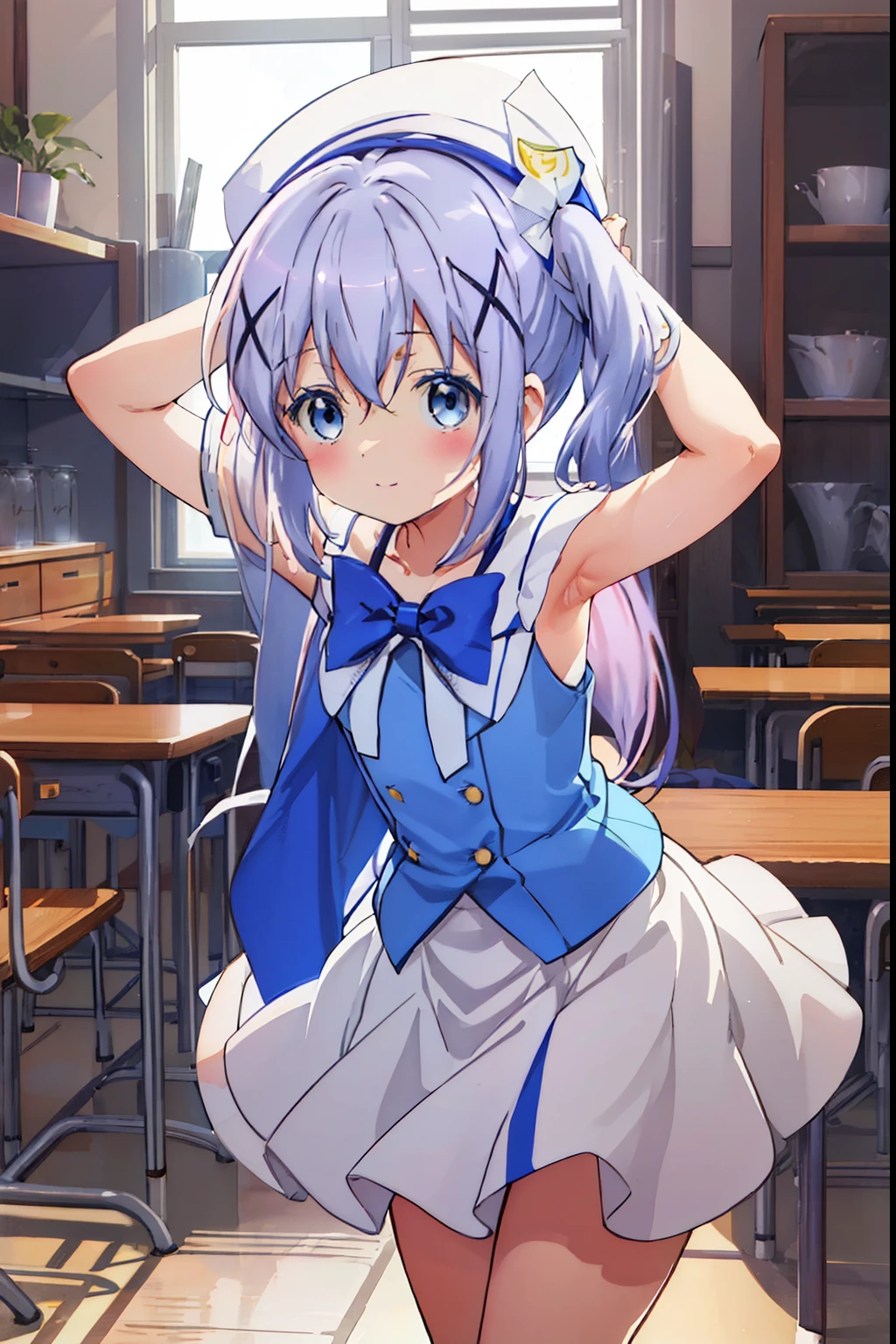 Kafuu Chino、blush,smile、Primary school students、The back is very small、****ta、Small breasts、Please show me your armpits、exterior: ************、Shoulder Bare、The clavicle is visible、Sexy thighs、Beautiful feet、Usual hairstyle、highest quality, High resolution, unity 8k wallpaper, (shape:0.8), (Beautiful and beautiful eyes:1.6), Highly detailed face, Perfect lighting, Extremely detailed CG, (Perfect hands, Perfect Anatomy),