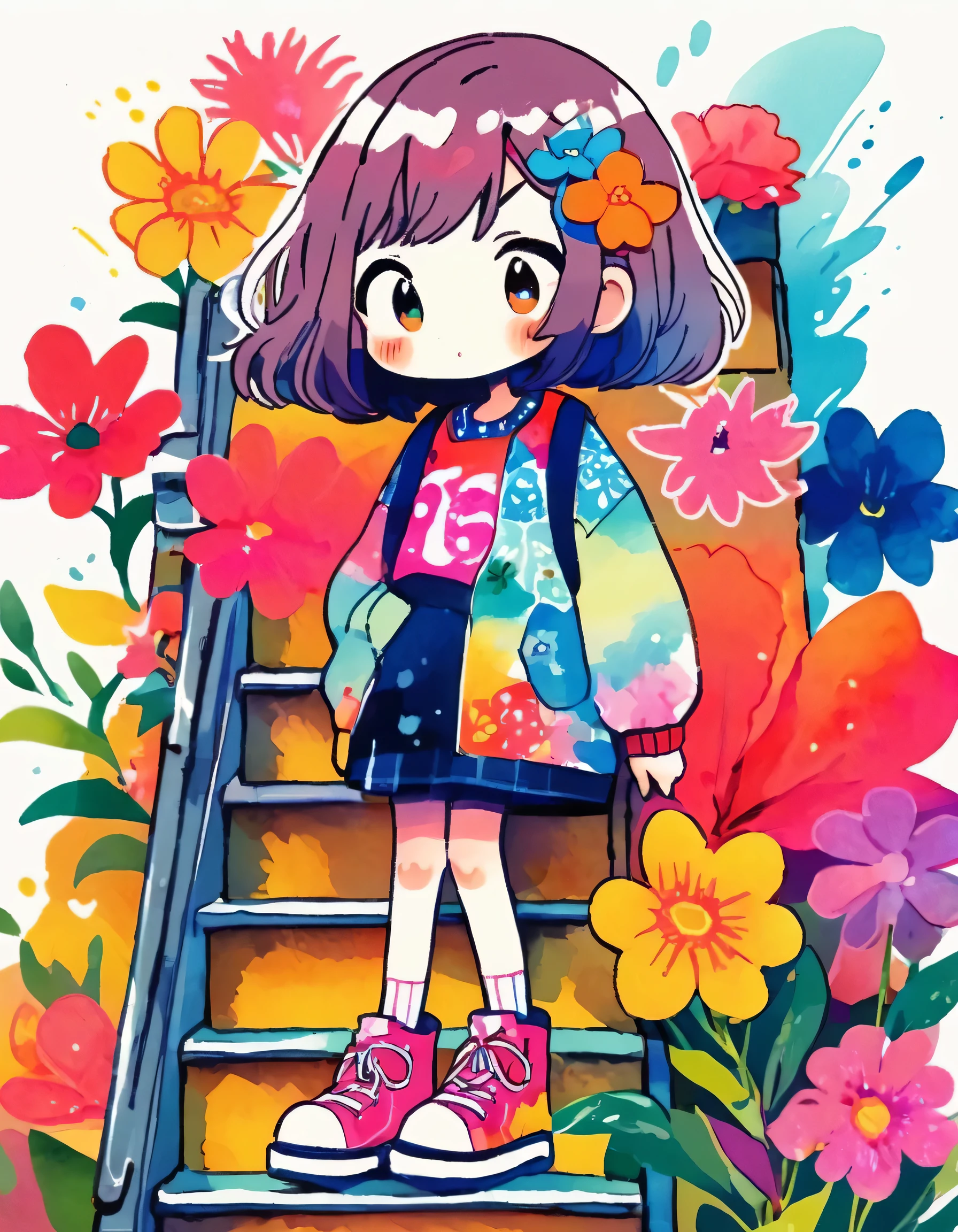 12stairs Style、(((stylish fashion))), 8K Quality、Intense watercolor, Detailed watercolor art, Watercolor splash, Surreal, avant-garde pop art, Beautiful and expressive paintings, Beautiful artwork illustration, Very colorful tones, wonderful, Cool beauty, highest quality、Official Art, Vector art, Stylish design, (((The most beautiful girl))), (((highest quality))), HDR, ((detailed)), (((Doodle Art)), ((masterpiece)), ((Super detailed)), (((Colorful flowers))),(((Stylish)))