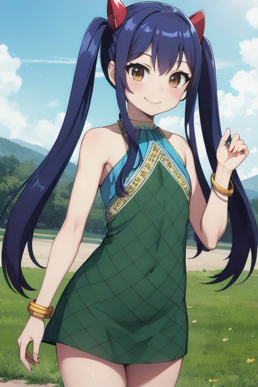 masterpiece, highest quality, High resolution, Arwendy, Long Hair, Twin tails, hair ornaments, Exposing shoulders, Green Dress, Sleeveless dress, Bracelet, bracelet, Outdoor, Are standing, Cowboy Shot, smile,nsfw